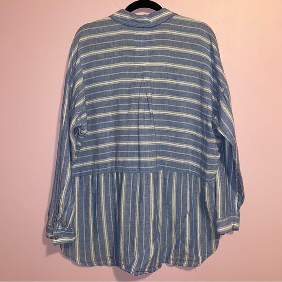 J Jill Linen Long Sleeve Button Up Top Women Size L Stripe Coastal Nautical - Picture 7 of 9